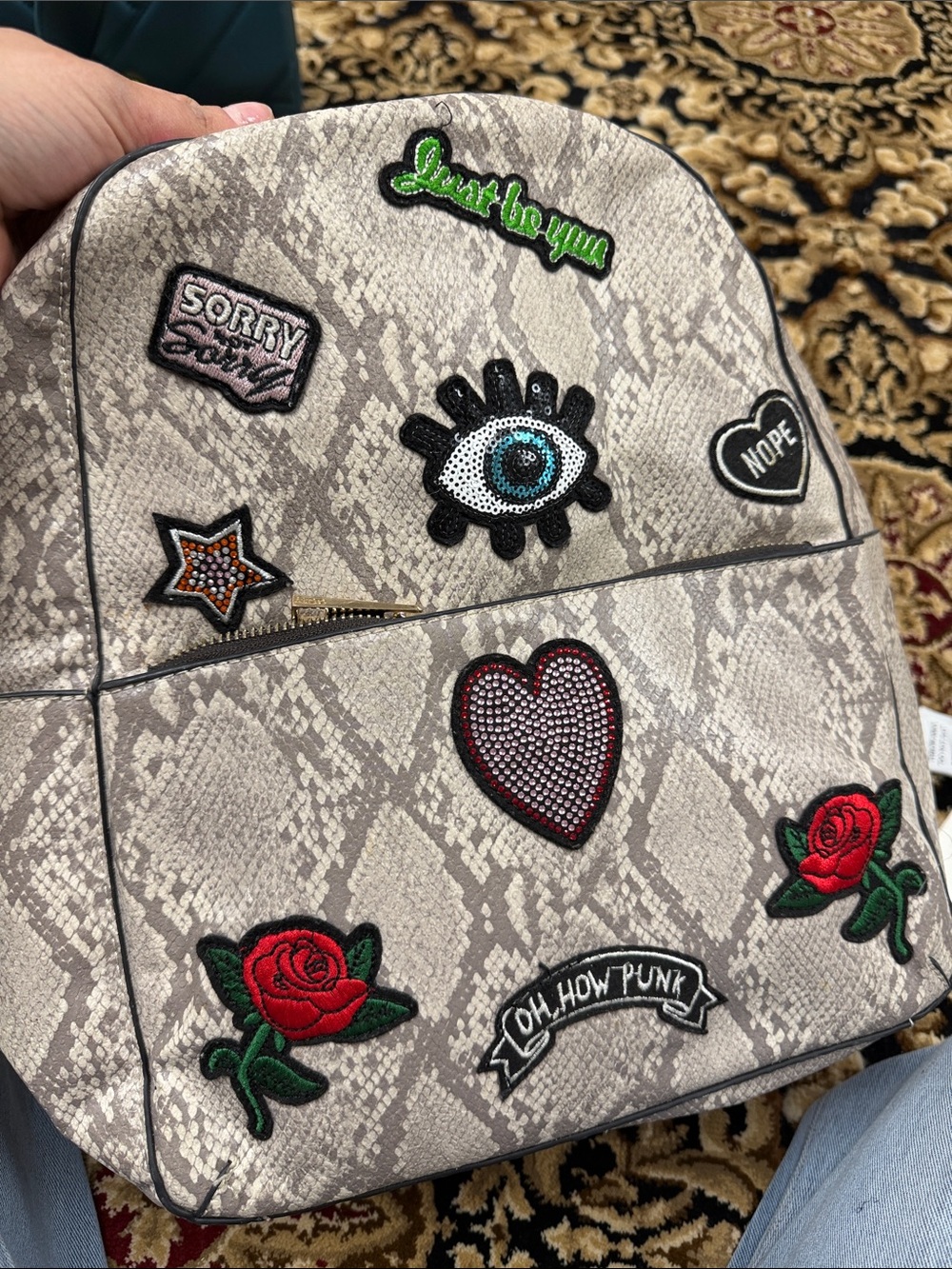 Aldo Beige Snake-Print Backpack with Red Rose & Heart Patches